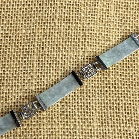 Jade Of Yesteryear Station Bracelet Green Jade Panels Sterling Silver 7.25" Cast - Picture 6 of 14